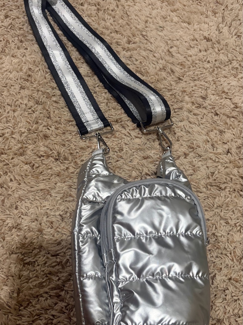 Silver Puffer Crossbody Bag with Removable Stripe Strap